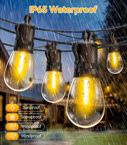 Outdoor-String-Lights-Patio-LED-Light-Outside 50Ft 15M Waterproof Remote Dimmable S14 LED Porch Lighting with 15 Edison Plastic Bulb Hanging Lights Connectable for Backyard Yard Gazebo Party Garden