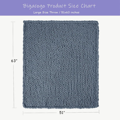 Bigacogo Chunky Knit Throw Blanket for Couch, 51x63 inches, 100% Hand Knitted with Thick Jumbo Chenille Yarn, Cozy Soft Large Rope Knot Cable Crochet Blankets for Sofa Bed Living Room, Cold Sea Blue