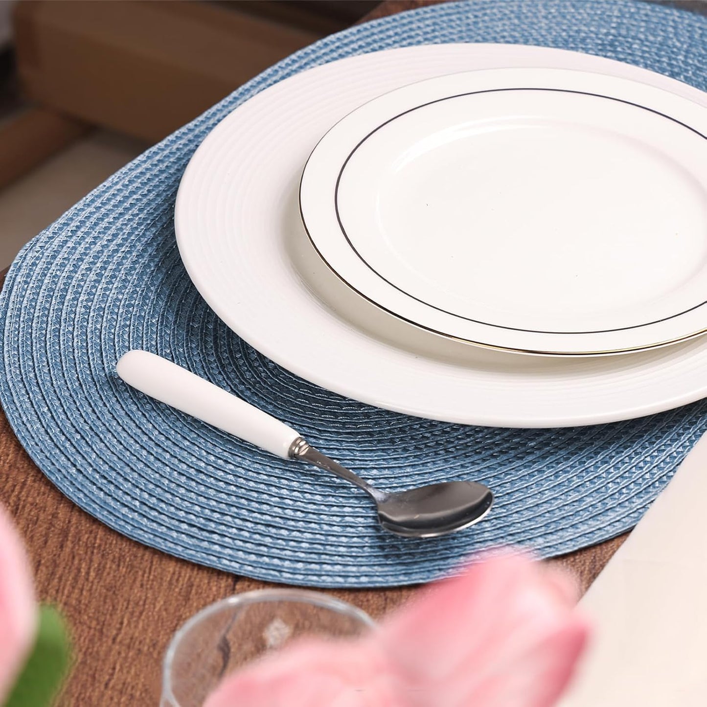 AHHFSMEI Placemats Set of 6 for Dining Table Washable Woven Vinyl Non-Slip 18x12 inches Placemat Heat-Resistant Durable Table Mats for Dining Table Easy to Clean(Light Blue)