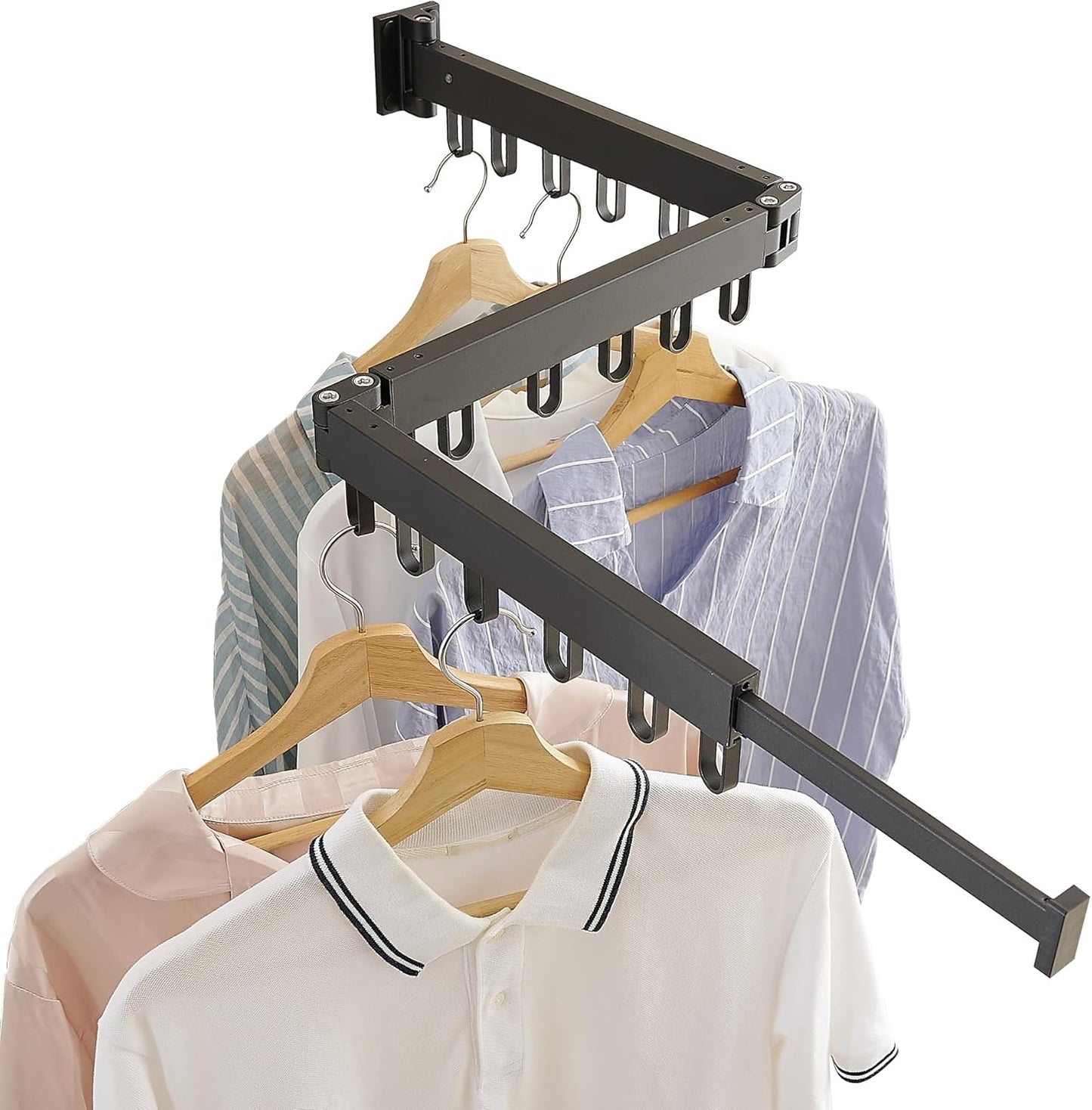 Clothes Drying Rack Wall Mounted, Laundry Drying Rack Collapsible, Space Saving Wall Drying Rack Clothing Foldable, Tri-Fold Retractable Rack Outdoor Indoor with 18 Hooks(Black，Loop-Shape Hooks)