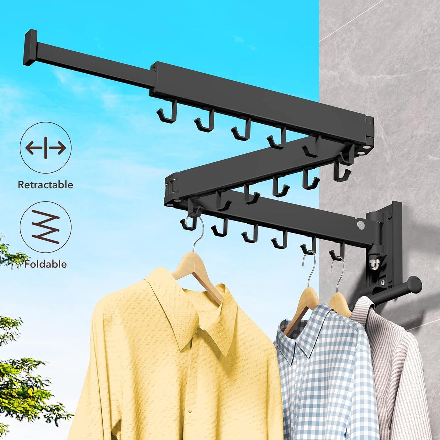 Wall Mounted Clothes Hanger,Clothes Drying Rack,Laundry Drying Rack,Drying Rack Clothing,Laundry Hanger Rack,Retractable Dryer Racks,Collapsible, Aluminum,can be Fold Upward & Left & Right