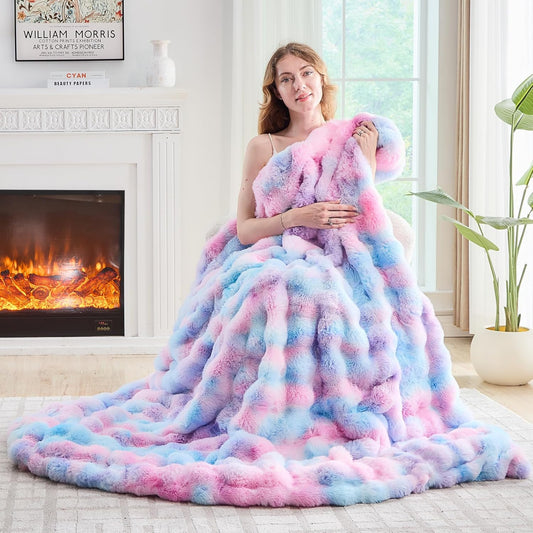 Lotus Karen Faux Fur Throw Blanket Tie-Dye Purple Rainbow - Big Bubble Rabbit Fluff Blanket for Couch, Large Fluffy Fuzzy Cozy Blanket,Thick Furry Plush Shaggy Blankets,108x90 Inches