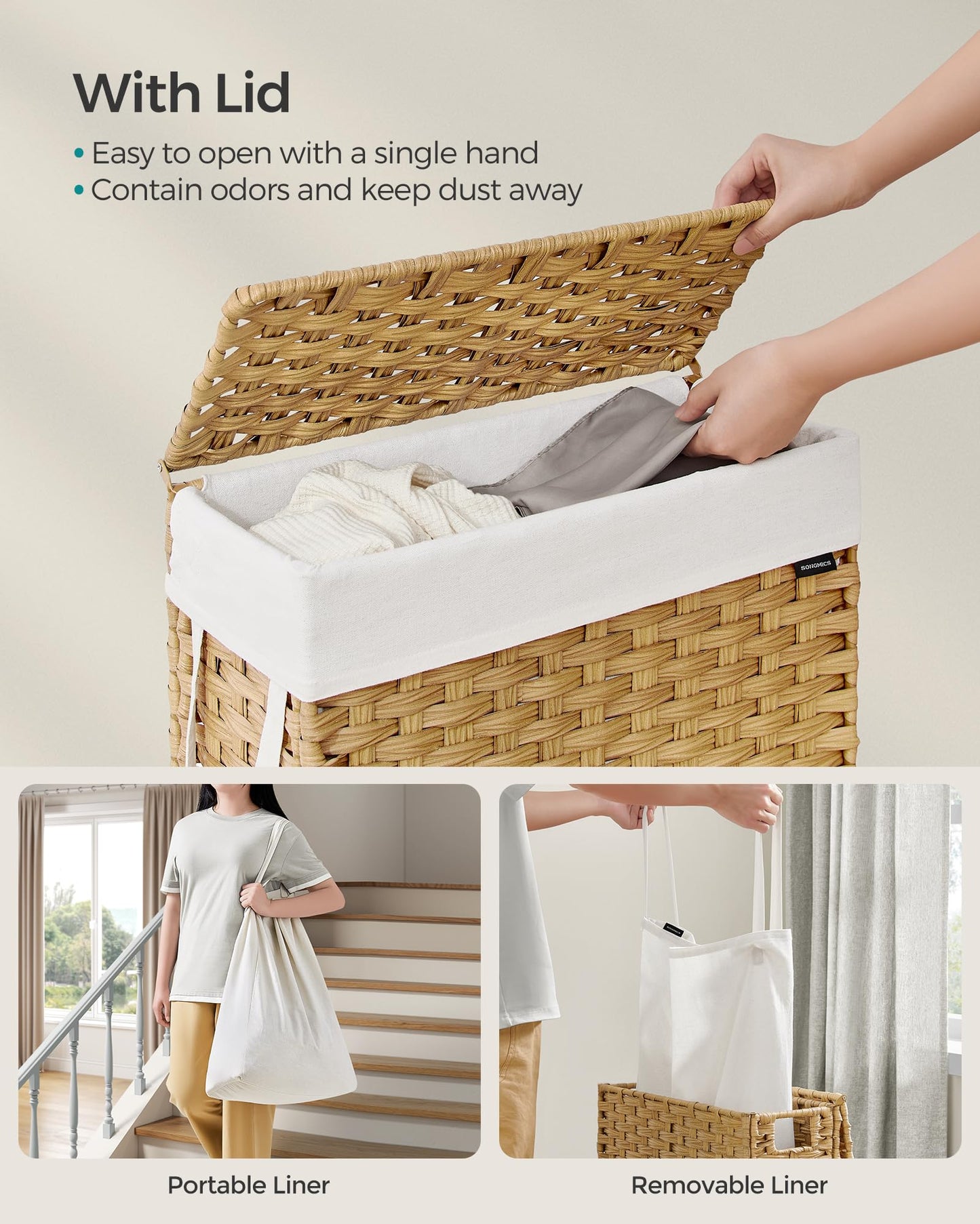 SONGMICS Slim Laundry Hamper with Lid, 14.5 Gallon (55L) Rattan Clothes Laundry Basket with Lid and