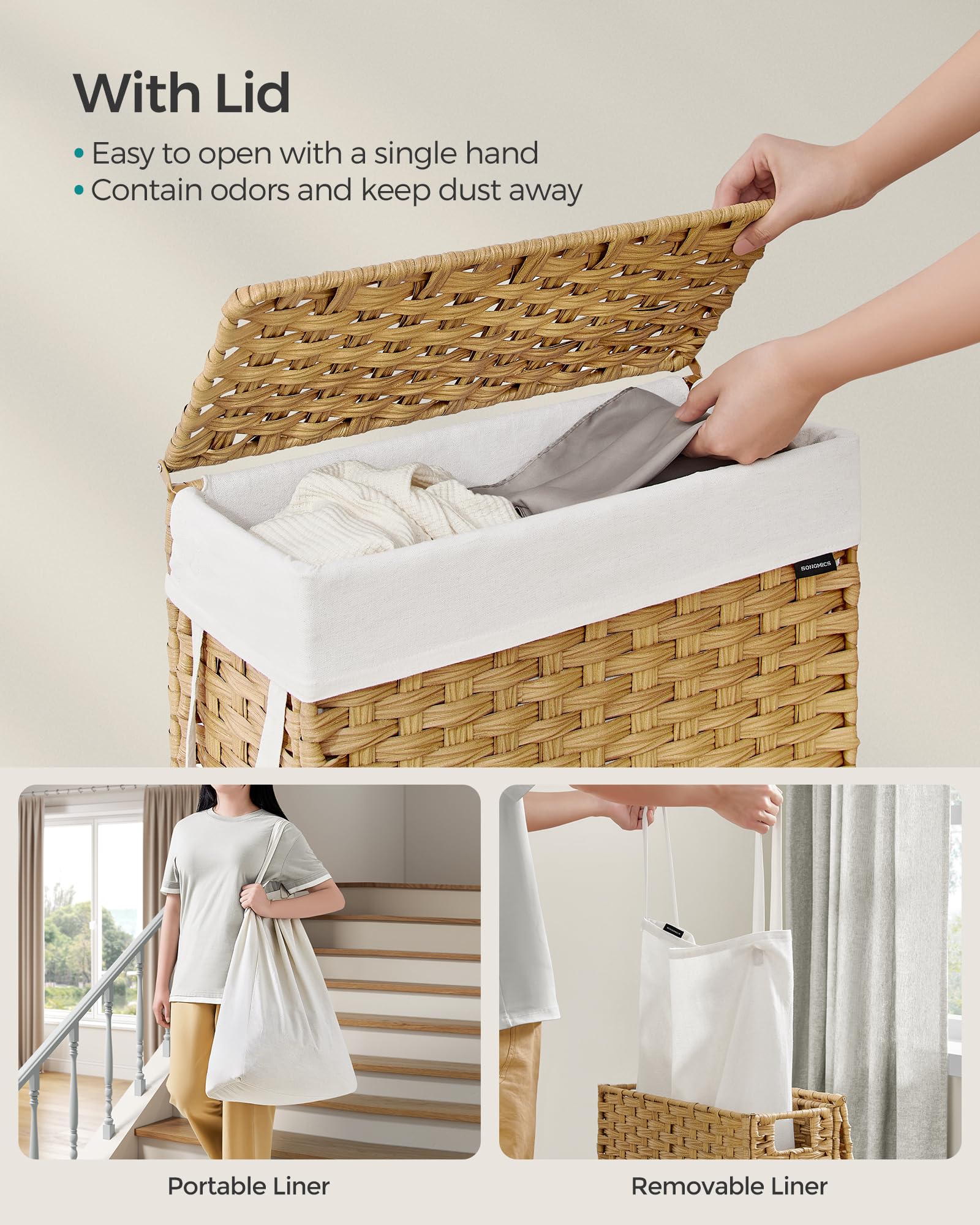 SONGMICS Slim Laundry Hamper with Lid, 14.5 Gallon (55L) Rattan Clothes Laundry Basket with Lid and