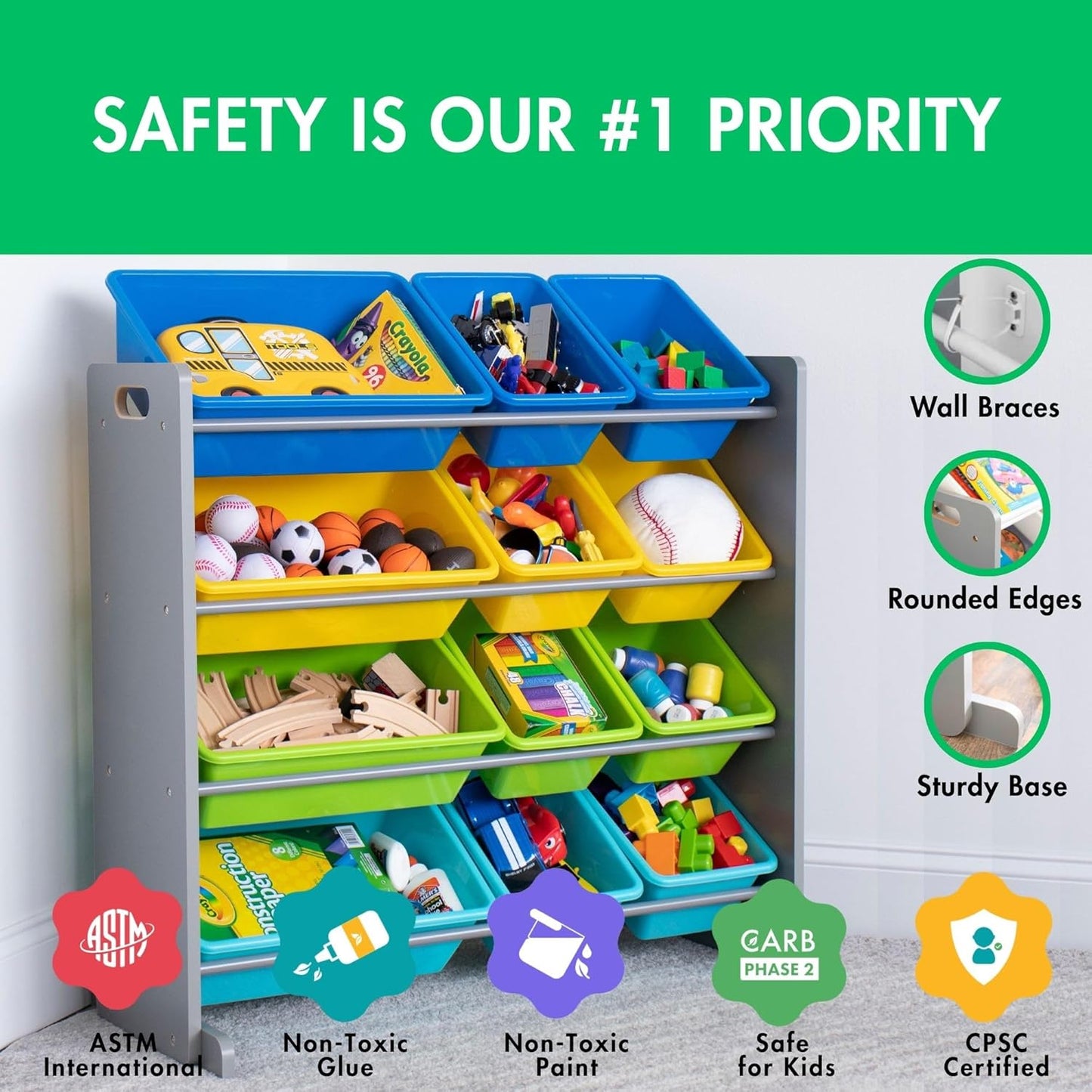 Humble Crew Kids Toy Storage Organizer with 12 Plastic Bins, Grey/Blue/Green/Yellow – Removable Bins for Playroom, Bedroom, Toddler Furniture for Boys and Girls Ages