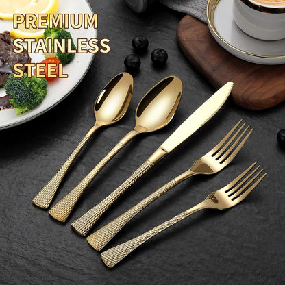 Hammered Gold Silverware Set,20 Piece Modern Flatware Set Service for 4,Mirror Polished Stainless Steel Cutlery Set Utensil Set Tableware Set,Kitchen Knives Forks Spoons Set,Dishwasher Safe