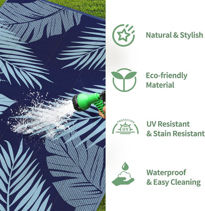 GENIMO Outdoor Rug 9' x 12' Waterproof for Patios Clearance, Reversible Outdoor Plastic Straw Camping Rug Carpet, Large Area Rugs Mats for RV, Camper, Deck, Balcony, Porch, Beach, Navy Blue&Baby Blue