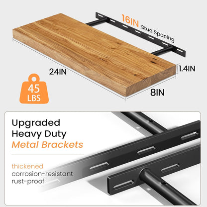 Fun Memories Floating Shelves for Wall, 24 Inch Floating Shelves Wall Mounted, Rustic Elm Wood Shelf, Heavy-Duty Storage Shelves for Books, Bathroom, Kitchen, Natural Finish, Set of 2