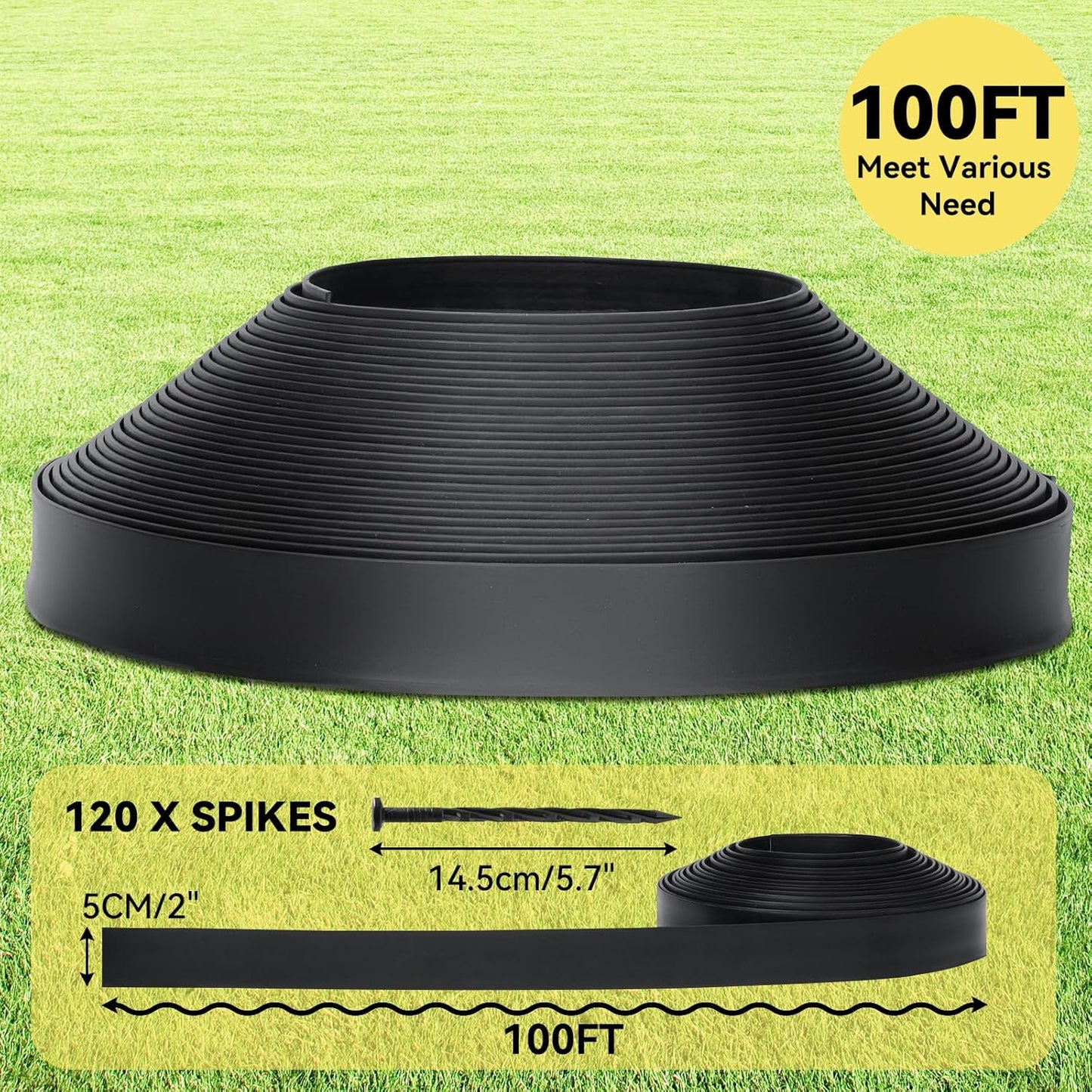 GOTGELIF Landscape Edging Border Kit No-Dig, 2'' x 100FT, Black Garden Edging with 120 Anchoring Stakes for Lawn, Flower Beds, and Yard Borders