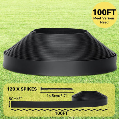 GOTGELIF Landscape Edging Border Kit No-Dig, 2'' x 100FT, Black Garden Edging with 120 Anchoring Stakes for Lawn, Flower Beds, and Yard Borders