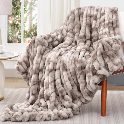 Touchat Ruched Faux Rabbit Fur Throw Blanket, 700 GSM Luxury Dual-Sided Soft Cozy Blanket, Fuzzy Fluffy Plush Blanket for Bed, Couch and Sofa - 50"x60", Tie-dye Coffee