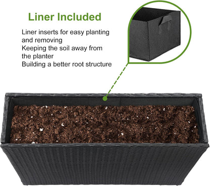 LEWIS&WAYNE Large Rectangular Block Planter Box Handmade Wicker Tall Planters for Outdoor Plants with Removable Liners Modern Planter for Indoor Outdoor Patio Deck - Black, 38''x11''x30''