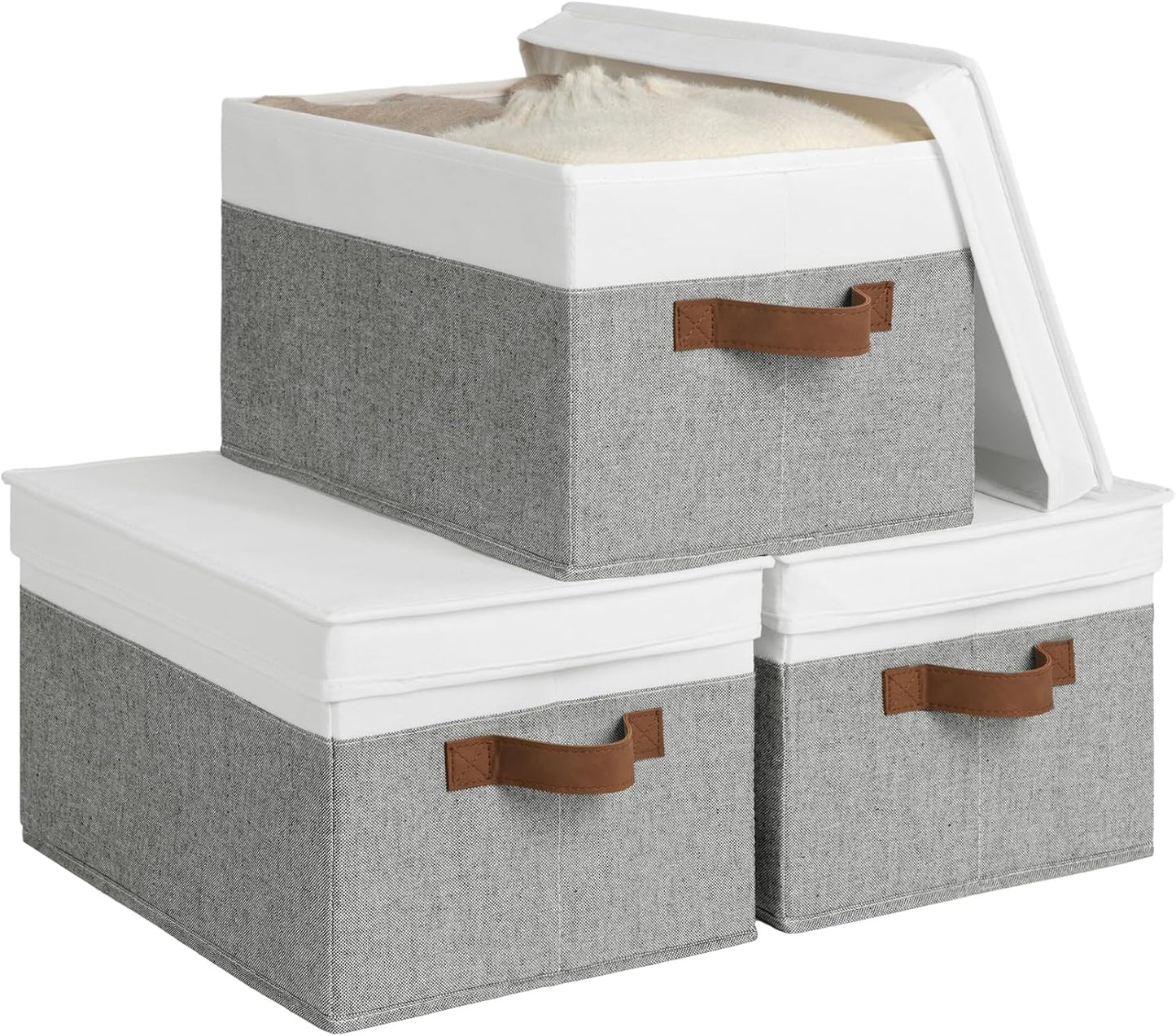 StorageWorks Large Storage Bins with Lids, Decorative Storage Boxes with Lid and PU Handles, Foldable Storage Baskets for Closet, Shelves, Stackable, Gray and White, 3-Pack
