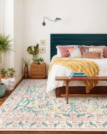 Wonnitar 8 x 10 Area Rugs for Living Room, Boho Large Washable Bedroom Rug 8x10, Soft Pink Floral Carpet Non Slip, Low Pile Indoor Carpet for Girls Room Playroom Nursery