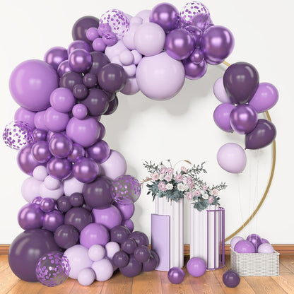 Amandir 153pcs Purple Balloon Garland Arch Kit, Different Sizes 18 12 10 5 inch Lavender Latex Metallic Confetti Purple Balloons for Girls Women Wedding Birthday Baby Shower Party Decorations Supplies