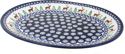 Blue Rose Polish Pottery Reindeer Pine Large Serving Platter