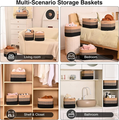 Storage Baskets for Shelves Organizing, Woven Cotton Rope Baskets for Storage, Book Basket, Towel Basket, 12.5"Lx9.1''Wx7.9''H (4 Packs) Gradient Black & Jute