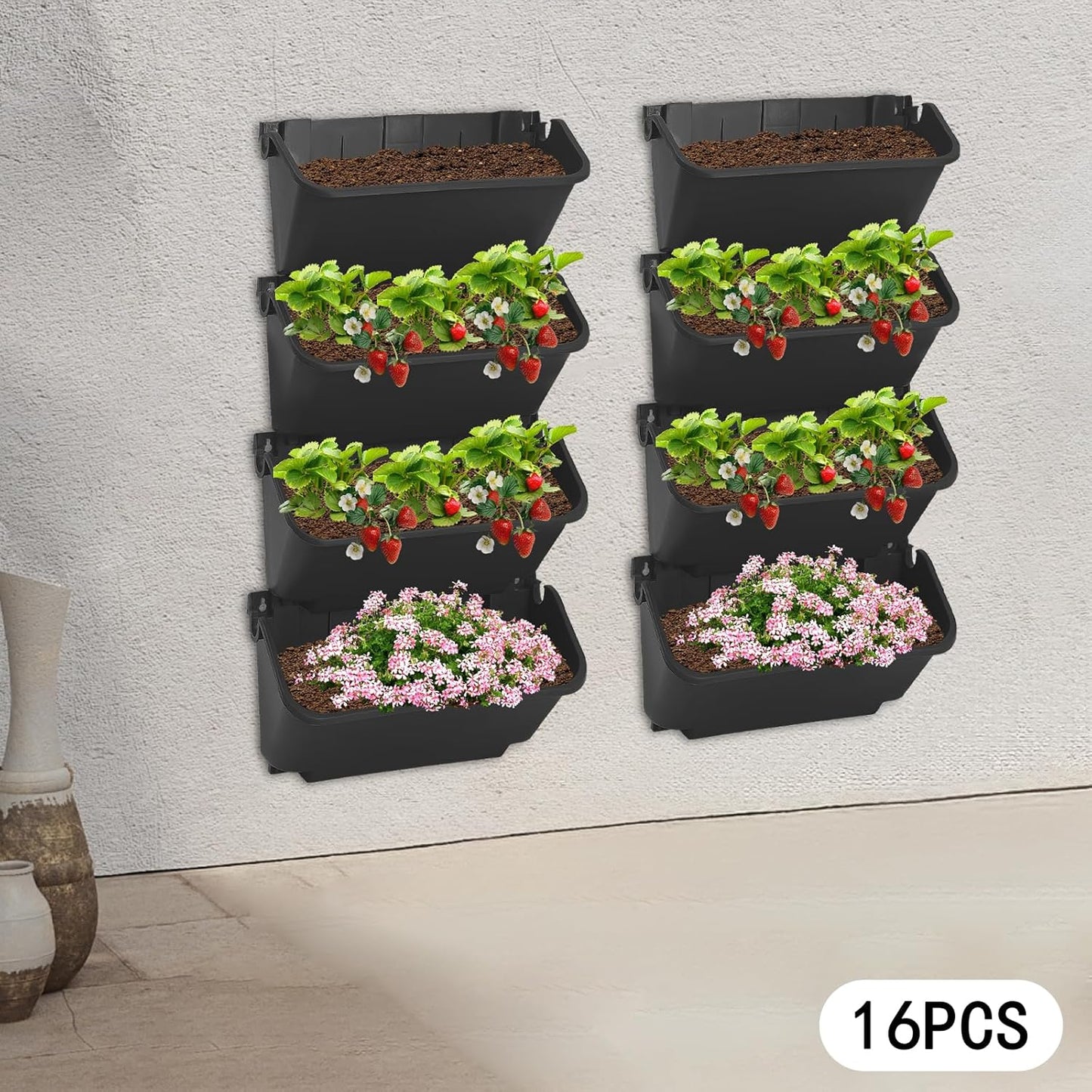 Self Watering Outdoor Wall Mounted Planter Vertical Garden with 16 Pockets Plastic Plant Grow Pots for Hanging Flower Herbs Vegetables Home Indoor Outdoor Black