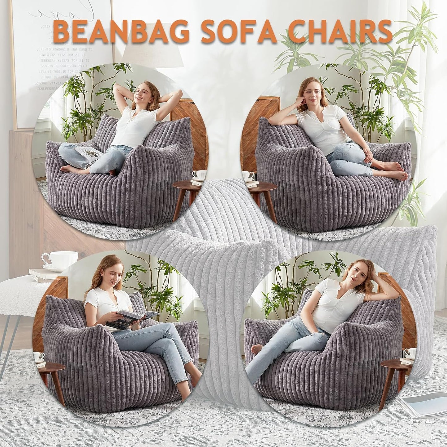 Giant Bean Bag Chairs for Adults with Filling Plush Fluffy Bean Bag Chairs for Teens with Armrests Comfy BeanBag Lazy Couch Sofa Chair for Bedroom Living Room Reading