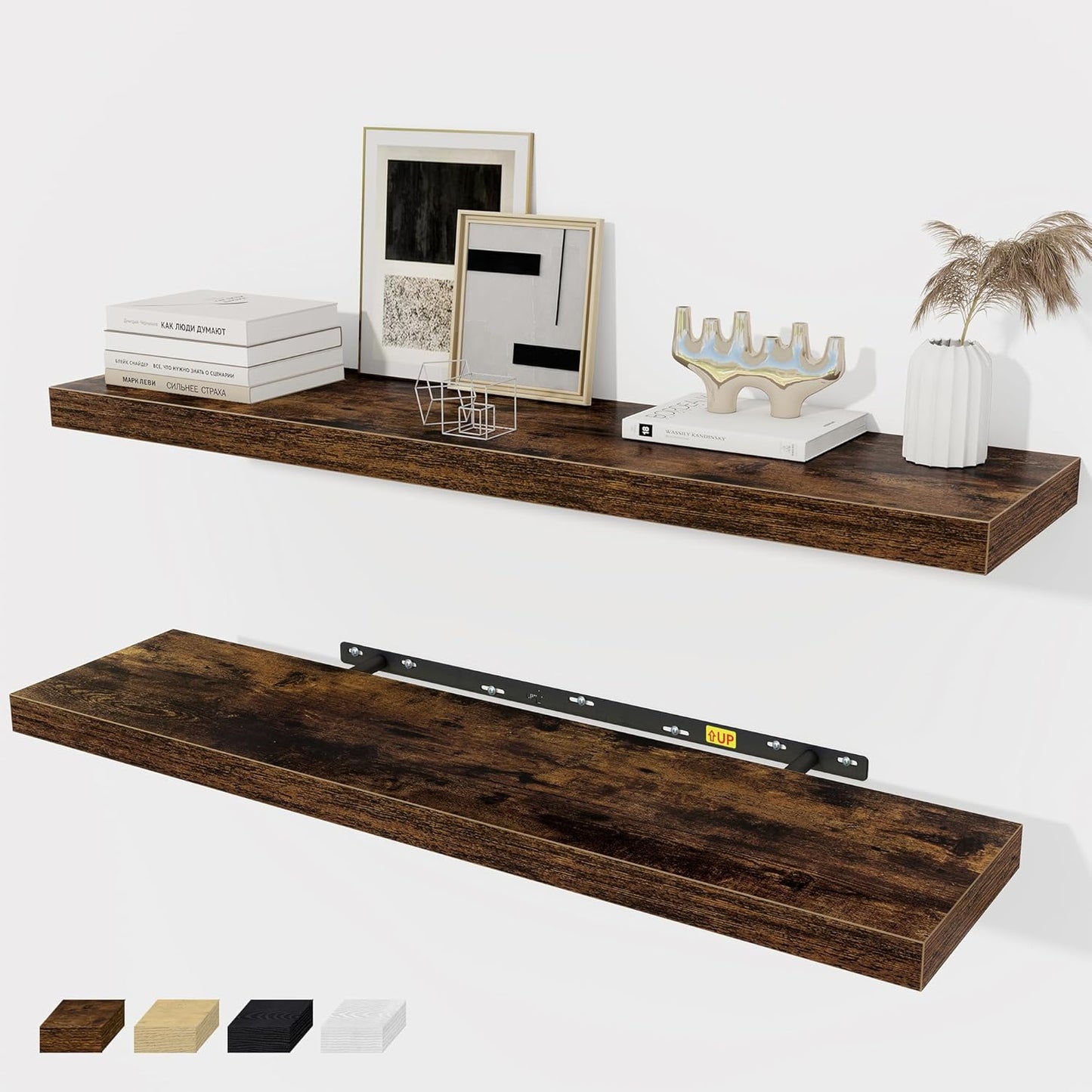 Fun Memories 36 x 8 Inch Floating Shelves for Wall, Farmhouse Bathroom Shelves Set of 2, Wood Wall Shelves 36 Inch Long, 36 x 8 x 1.4 Inch, Rustic Brown