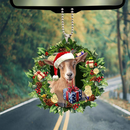 Talataca Goat Wearing A Christmas Hat Wreath Farm Lover 2D Flat Car Rear View Mirror Accessories Christmas Tree Ornament Decoration Hanging Charm Interior Rearview Pendant Decor Gift