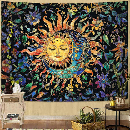 Aipon Sun and Moon Tapestry for Bedroom Boho Hippie Floral Wall Tapestry Aesthetic Vintage Stained Glass Plant Large Tapestries Wall Hanging for Living Room Dorm 80 x 60 Inch