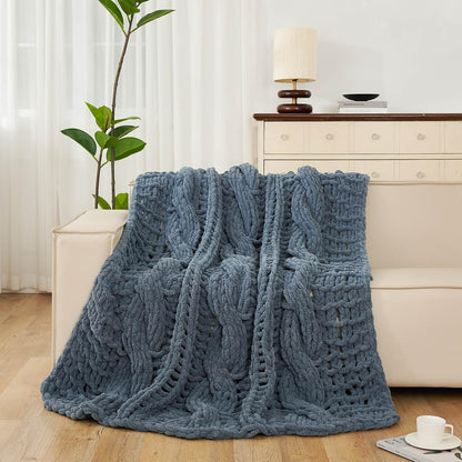 Esterra Chunky Knit Blanket Throw 50"x60", 100% Hand Knitted Chenille Throw Blanket, Cozy Soft Thick Cable Knit Throw Large Rope Knot Crochet Throw Blanket for Sofa Couch Bed, Blue Mirage