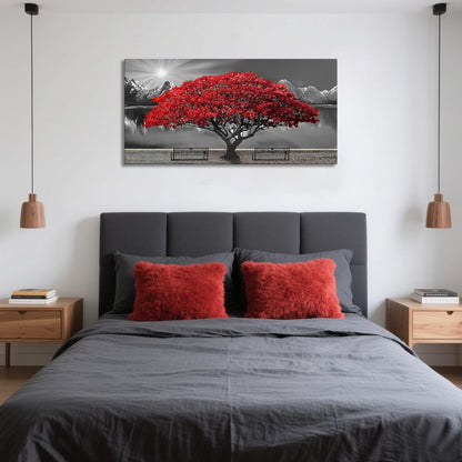 Black and White Red Tree Wall Art Canvas Print Picture Large Red Tree Landscape Modern Artwork for Living Room Bedroom Office Home Wall Decoration Decor With Frame 20x40in