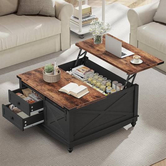 31.5" Lift Top Coffee Table with Storage, Farmhouse Coffee Tables for Living Room, Square Coffee Table with Large Hidden Storage Compartment, 2 Drawers & Removable Shelves, Black