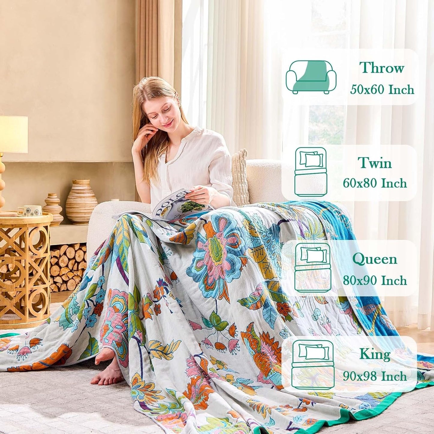 Summer Throw Blanket, 90"x98" Reversible Bohemian Flower Blanket, 100% Cotton Muslin Breathable Woven, Farmhouse Decorative Throw Blanket