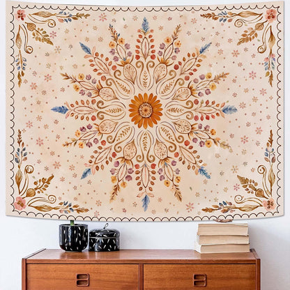 Fowocu Boho Floral Mandala Tapestry for Bedroom Aesthetic Watercolor Bohemian Flower Wall Tapestry Brown Beige Hippie Indian Small Tapestries Wall Hanging for Living Room Dorm Decor 48 x 36 Inch