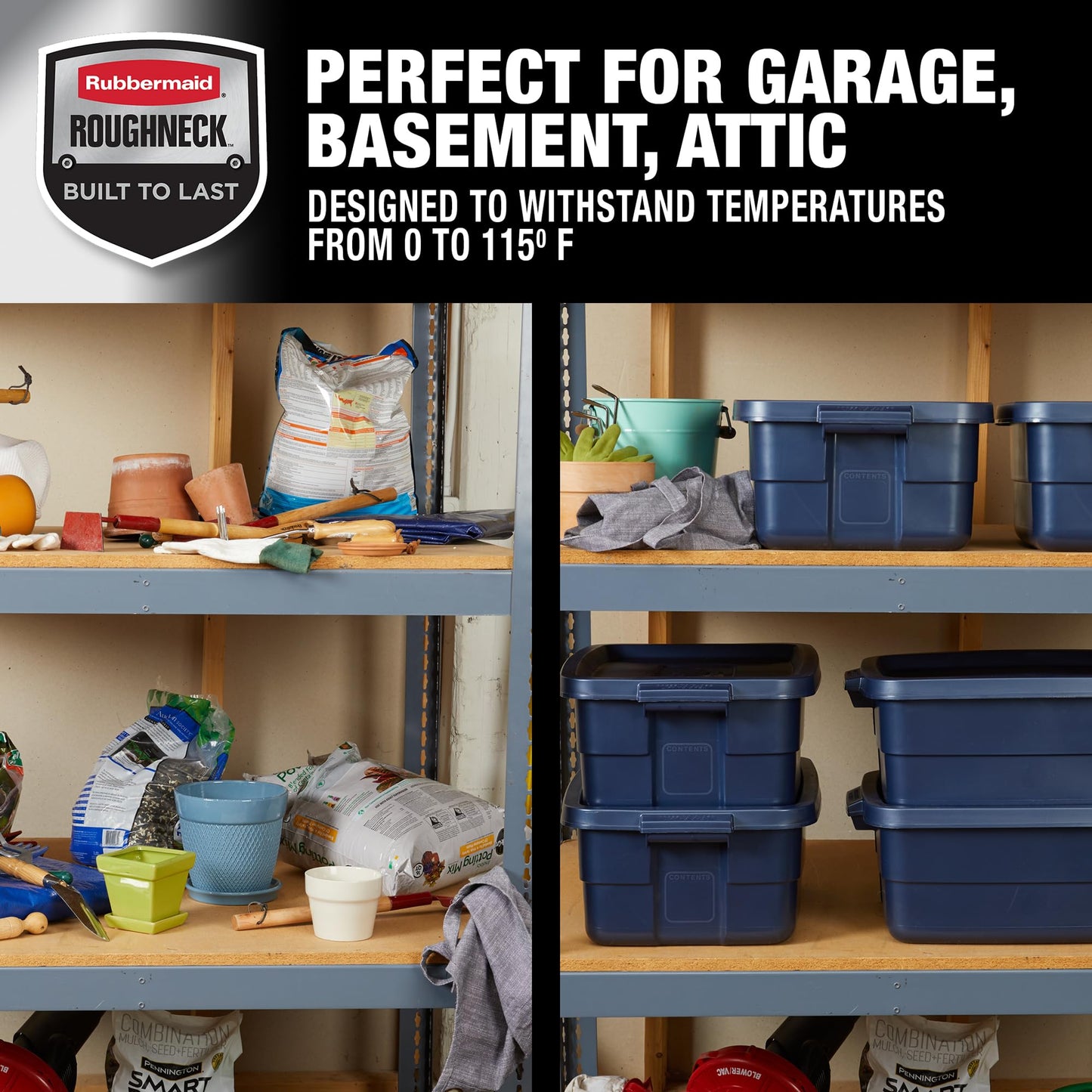 Rubbermaid Roughneck Tote 10 Gal, 8 Pack, Made in USA, Dark Indigo Metallic, Rugged Plastic