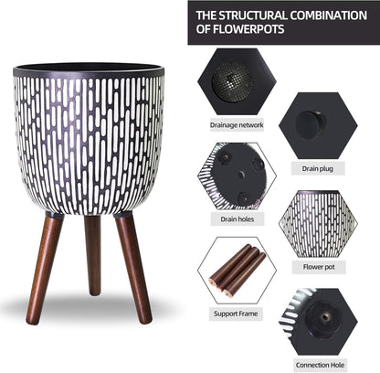 2 Set Plant Pot with Stand 10 & 12 inches, Mid-Century Large Planter with Legs for Indoor Plants, Boho Print Standing Plant Pot with Drainage Plug for Monstera, Herb, Succulent Flower Pot