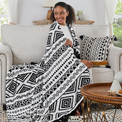 CASAAGUSTO Boho Throw Blanket - Black and White Decorative Blankets with Tassel, Printed Flannel Bohemian Blanket for Chair, Bed, Sofa, Couch(50 * 60, Black and White)