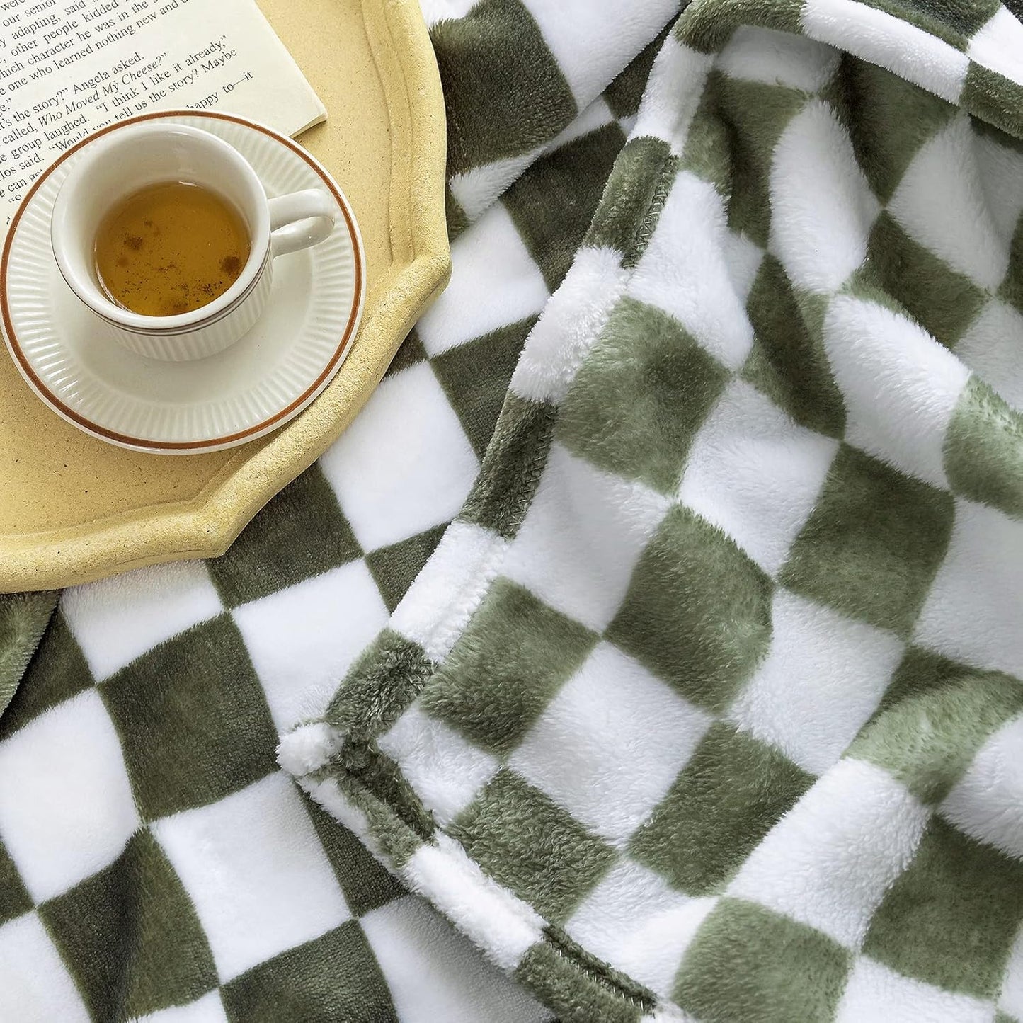 LOMAO Throw Blankets Flannel Blanket with Checkerboard Grid Pattern Soft Throw Blanket for Couch, Bed, Sofa Luxurious Warm and Cozy for All Seasons (Dark Olive, 60"x80")