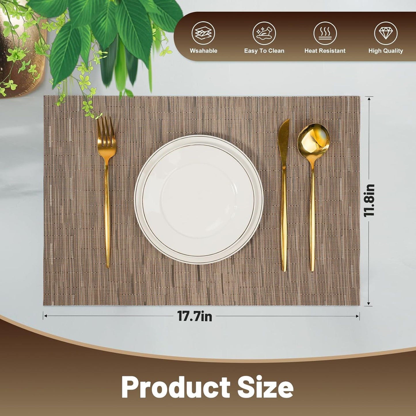 Placemats Set of 12，Non-Slip PVC Weave Table Mats Easy to Clean，Heat Resistant Place Mats for Kitchen Dining Table Decoration Indoor Outdoor，Light Brown