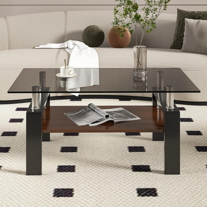 Glass Coffee Table Rectangle Living Room Center Table, with Gray Tempered Glass Tabletop and Brown MDF Layer,for Living Room and Office, Gray+Brown