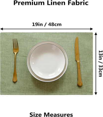 Demetex Green Placemat Set of 4 Washable Linen Place Mats for Dinner Heat Resistant Sage Cloth Placemats Scratch Resistant Plate Mats for Dining Table Kitchen, Green