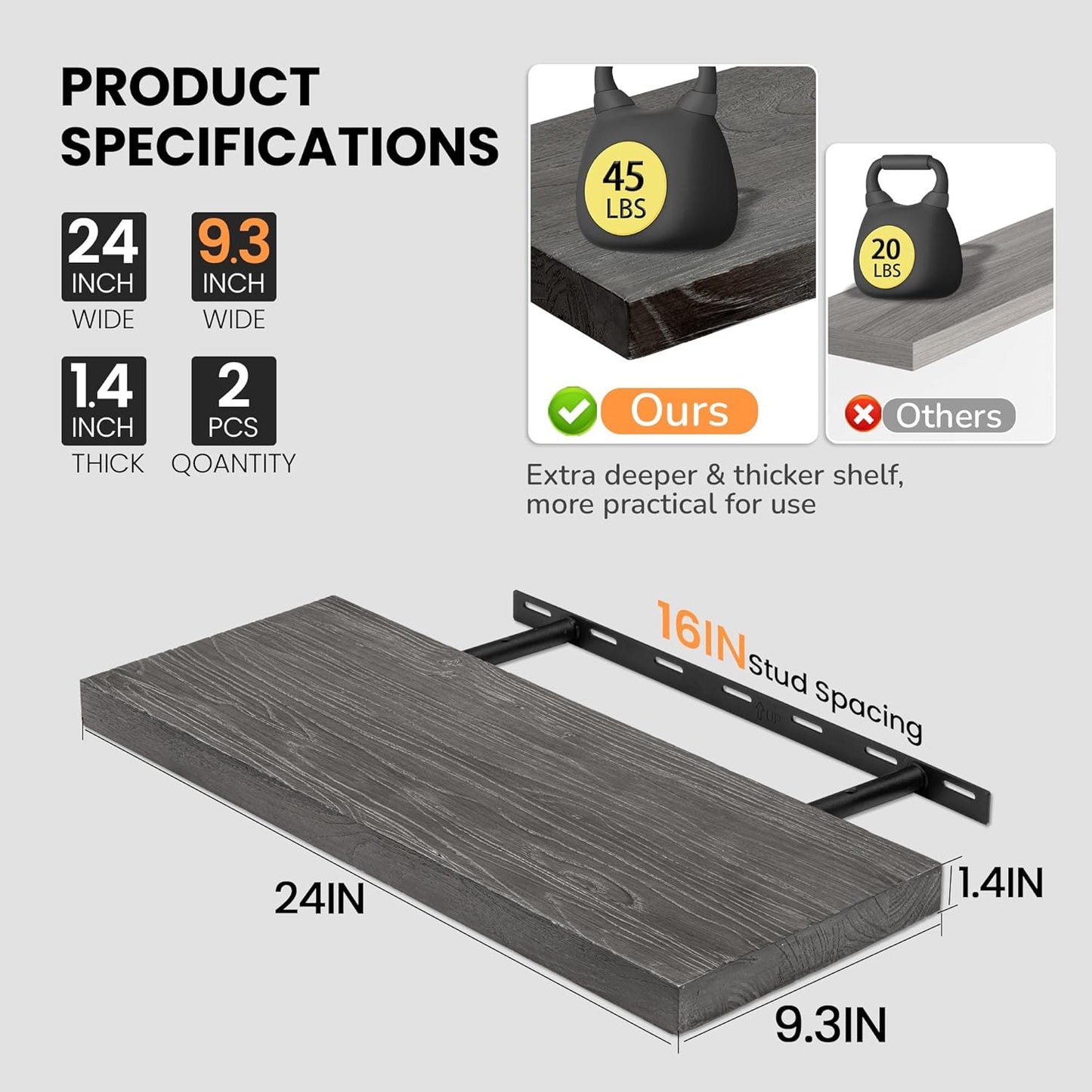 Fun Memories Floating Shelves for Wall, 24"x9.3" Rustic Solid Elm Wood Shelves, Heavy-Duty Wall Mounted Shelves with Invisible Brackets, Set of 2 for Living Room, Bedroom, Kitchen, Natural Finish