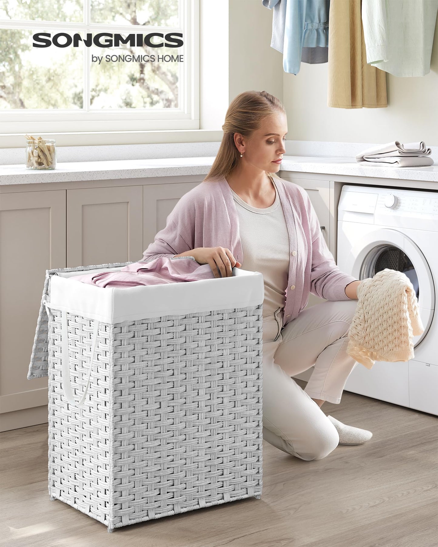 SONGMICS Laundry Hamper with Lid, 23.8 Gallon (90 L) Synthetic Rattan Clothes Laundry Basket with