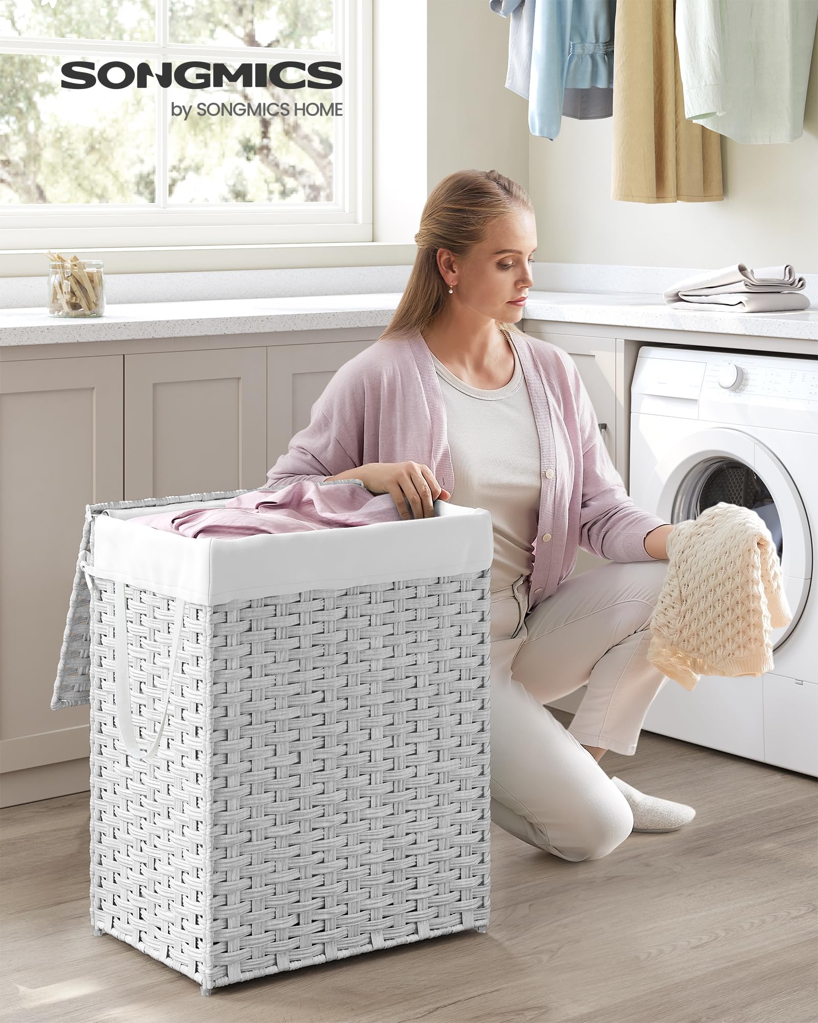 SONGMICS Laundry Hamper with Lid, 23.8 Gallon (90 L) Synthetic Rattan Clothes Laundry Basket with