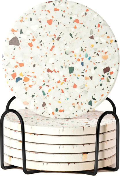 Absorbent Coaster Set of 6 with Holder, Drink Coasters for Coffee Table, Kitchen, Home Decor, Cute Ceramic Round Coasters, Alternative to Silicone, Cork or Glass Coaster (Marble with Black Holder)