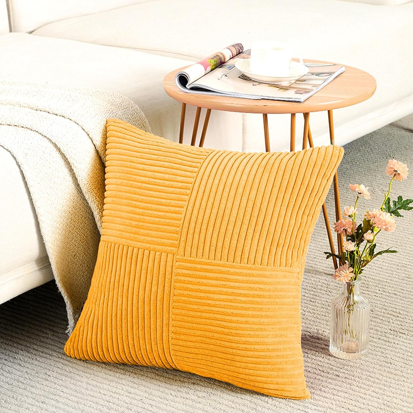 Fancy Homi 2 Packs Sunflower Yellow Spring Decorative Throw Pillow Covers 18x18 Inch for Living Room Couch Bed Sofa, Gold Yellow Home Decor, Soft Corss Corduroy Patchwork Textured Cushion Case 45x45cm