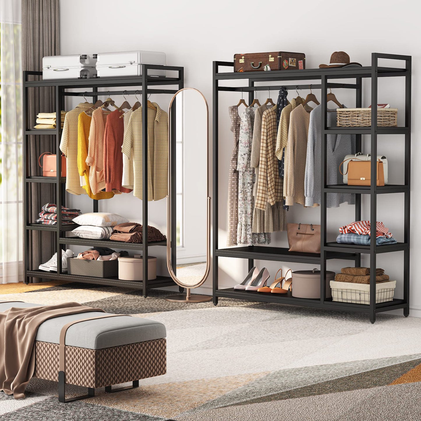 LITTLE TREE Free Standing Wood Closet Clothes Rack,Heavy Duty Grament Rack with Shelves,Hanging