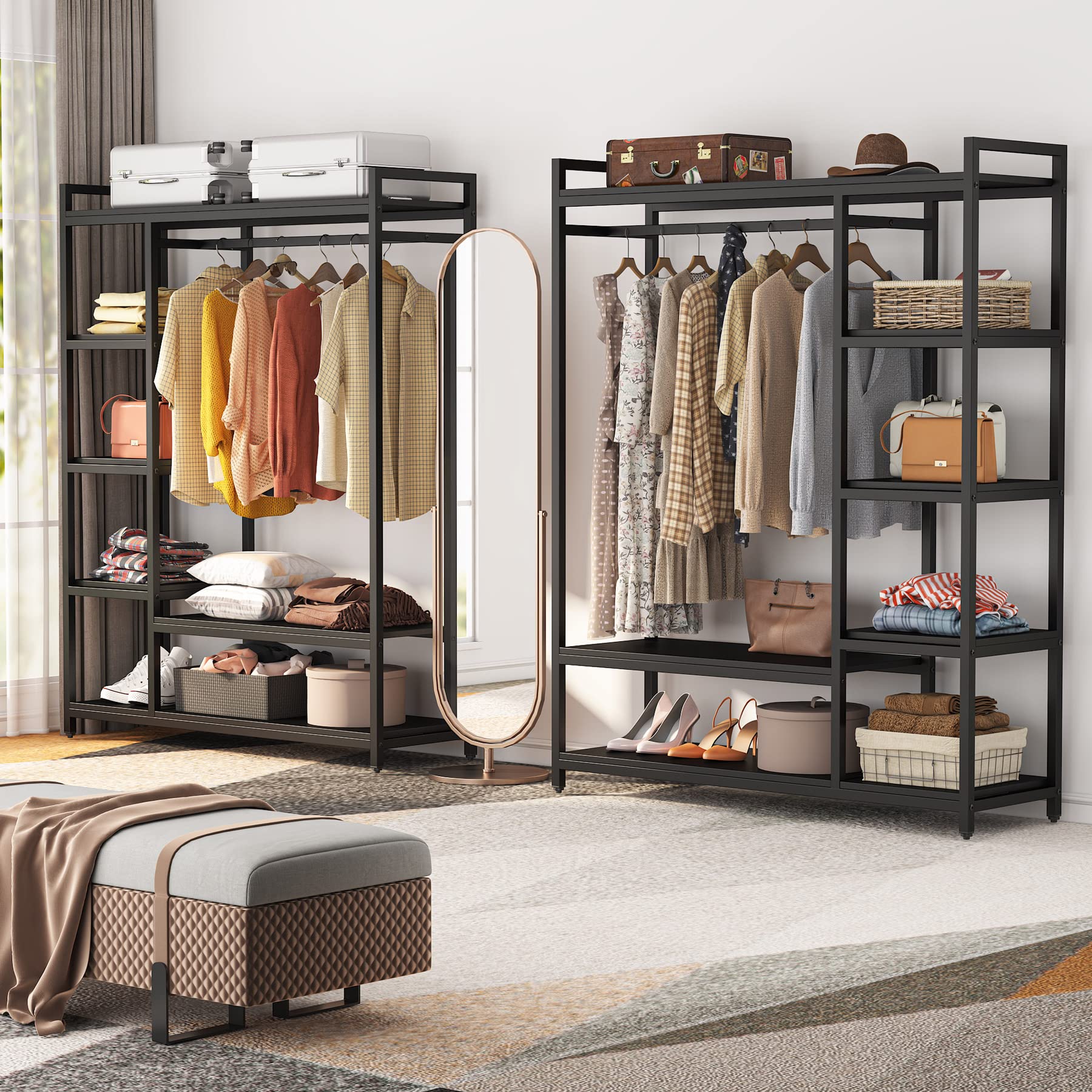 LITTLE TREE Free Standing Wood Closet Clothes Rack,Heavy Duty Grament Rack with Shelves,Hanging