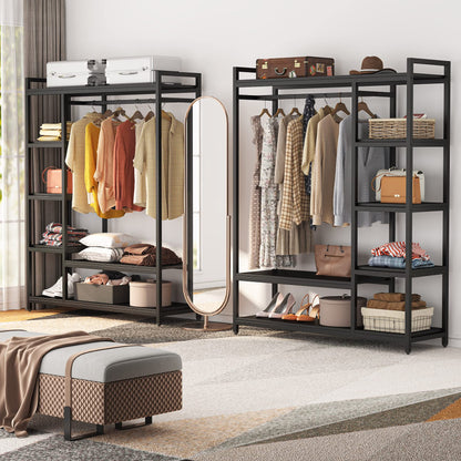 LITTLE TREE Free Standing Wood Closet Clothes Rack,Heavy Duty Grament Rack with Shelves,Hanging
