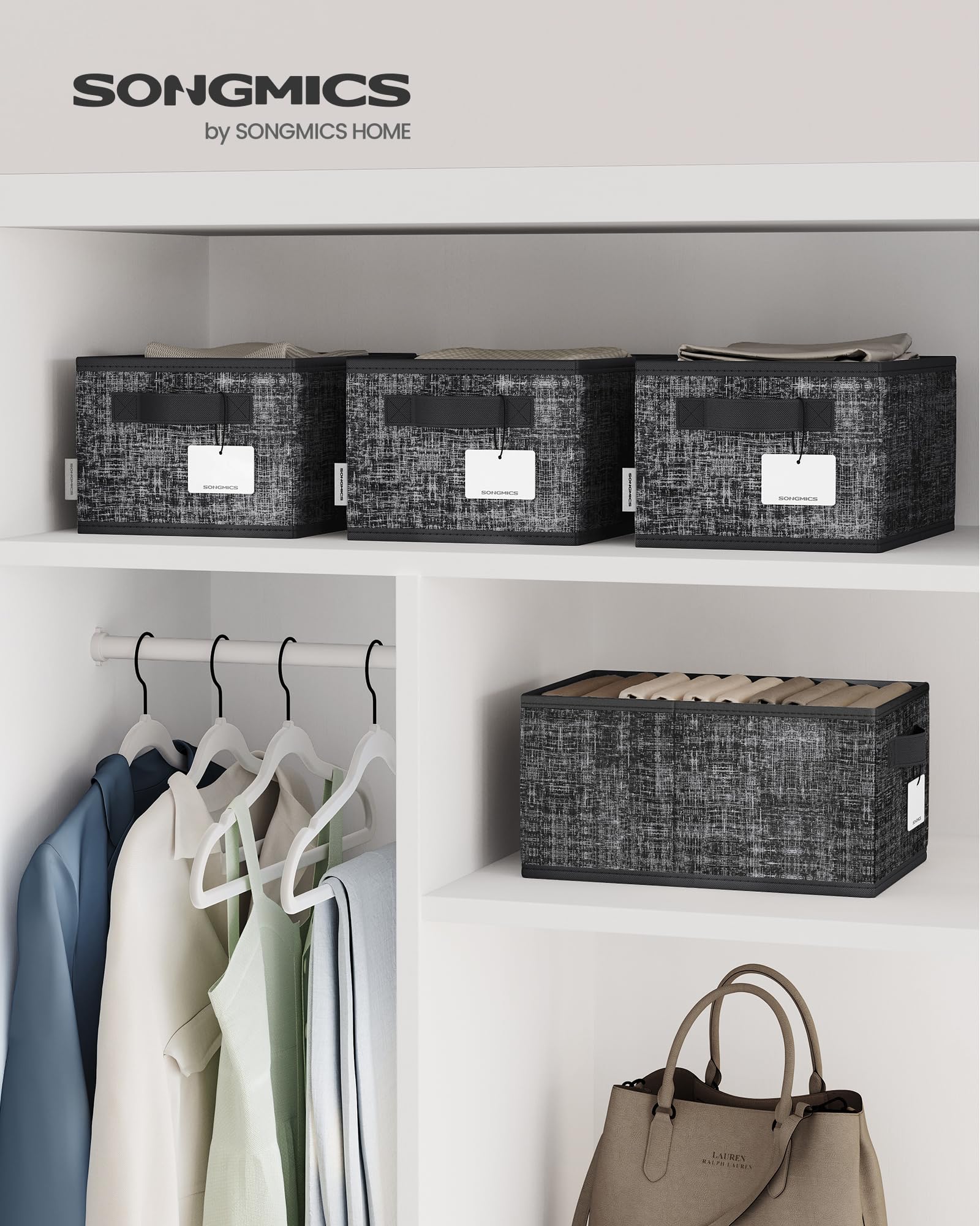 SONGMICS Storage Baskets, Set of 3, Foldable Closet Organizer for Shelves