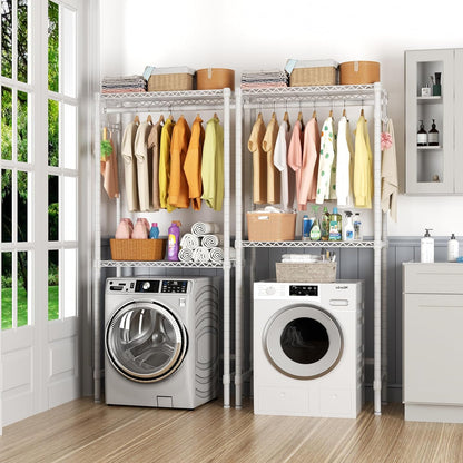 Over Washer and Dryer Shelves,2 Tier Adjustable Height Wire Shelving Laundry Room Storage Organization Clothes Drying Rack with Hanger Rod&Hooks,Space Saving Organizers Shelf,White
