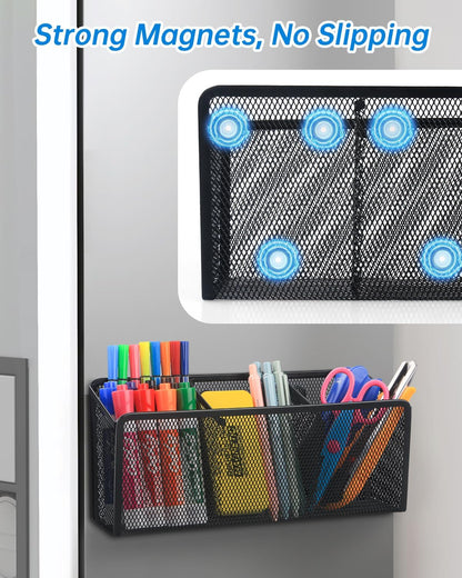 VICNOVA Magnetic Pencil Holder - Metal Pen Holder with Strong Magnets - Storage Basket Organizer for Whiteboard, Refrigerator, Locker Accessories