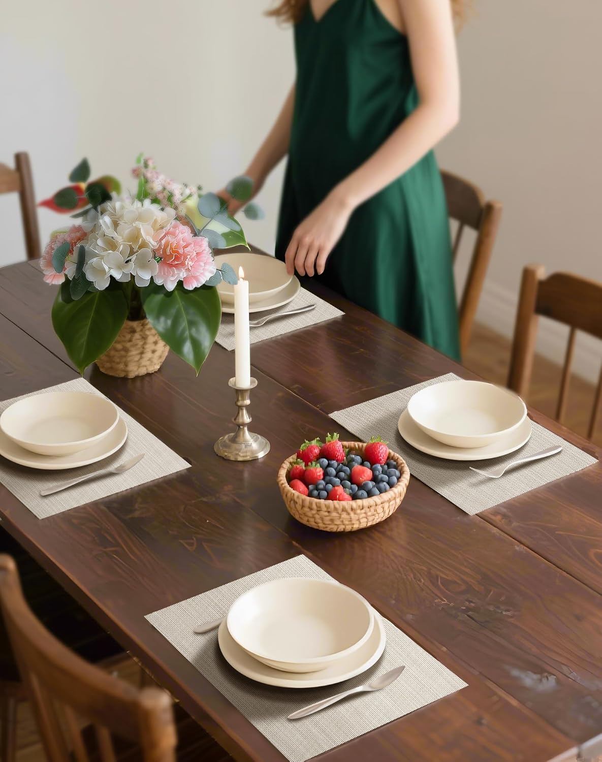 Leetaltree Beige White Placemats Set of 12 - Heat Resistant Non-Slip Place mats for Dining Table, Washable Durable PVC Vinyl Woven Table Mats（Beige White, 12）